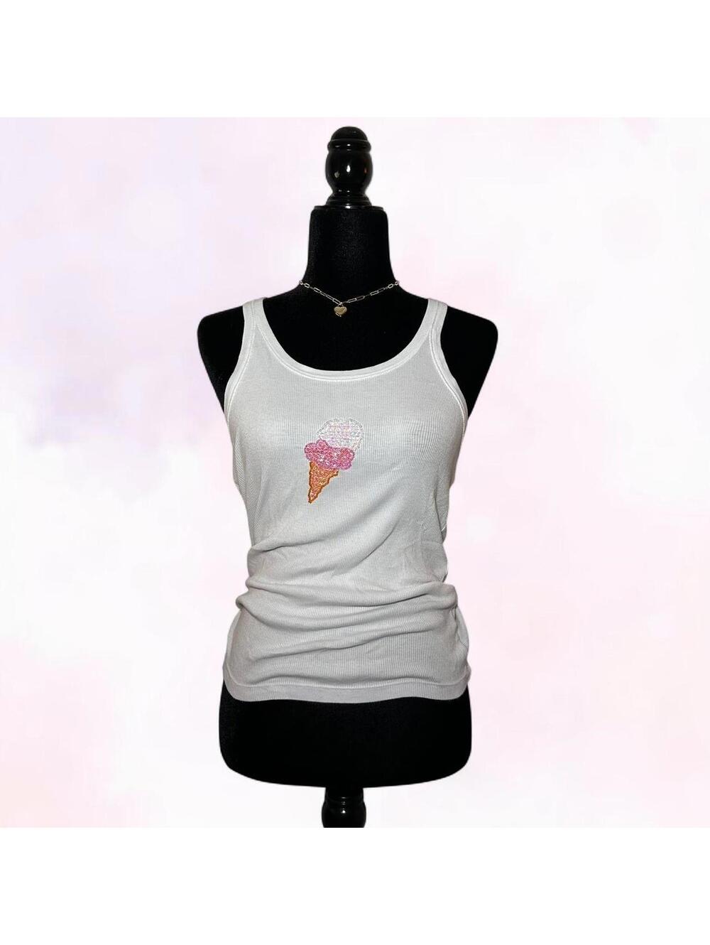Y2K Coquette 2000s White La Senza Candy Tank Top Size Large Beaded Detail - Picture 4 of 4